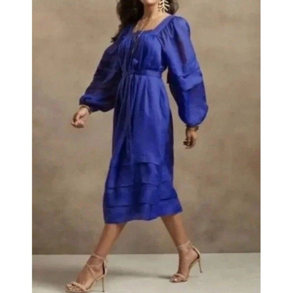 Banana Republic Midi Ramie Royal Blue Dress Sz S Peasant Boho Belted